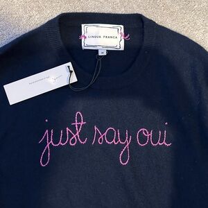 NWT Lingua Franca Custom 100% Cashmere Navy Sweater with Fuchsia Knit